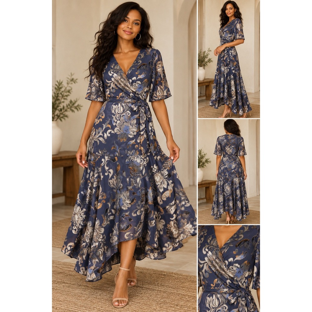 Soft Surroundings Size 4 Blue Velvet Burnout Floral Wrap Maxi Dress Boho
